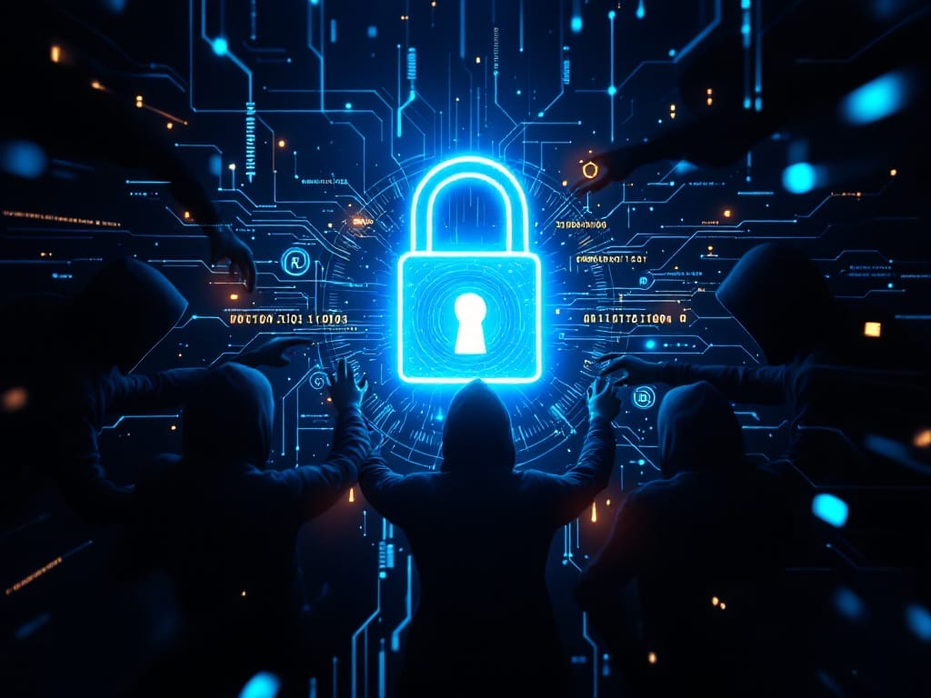 Tipos de Ciberataques que debes conocer - Una imagen conceptual y cinematográfica. En el centro, un candado digital brillante y cerrado. Alrededor del candado, sombras y figuras encapuchadas intentan romperlo con herramientas digitales como unos y ceros, símbolos de código y ganchos de phishing. El fondo es una red de datos abstracta y oscura. El tono es de suspense y alta tecnología.