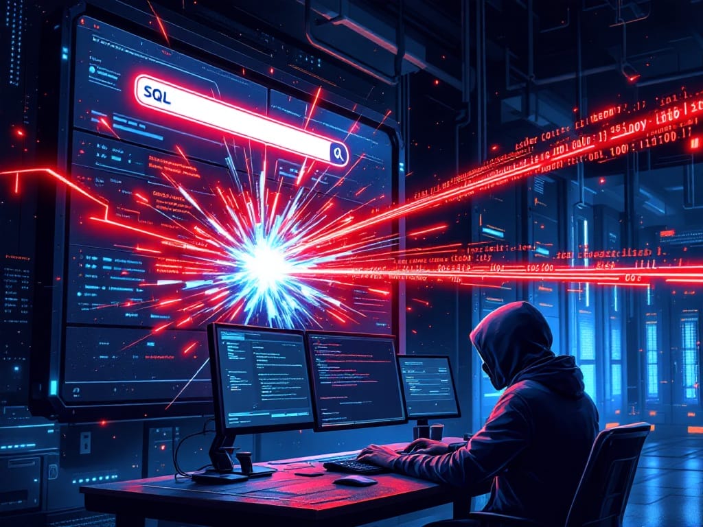 Tipos de Ciberataques que debes conocer -- Una representación visual de una base de datos, mostrada como una fortaleza digital o una caja fuerte. Un hacker encapuchado está escribiendo en un teclado, y una línea de código malicioso (SQL) viaja como un misil a través de un formulario de búsqueda de una página web, golpeando la pared de la base de datos y creando una brecha por la que fluyen datos (representados como unos y ceros brillantes).