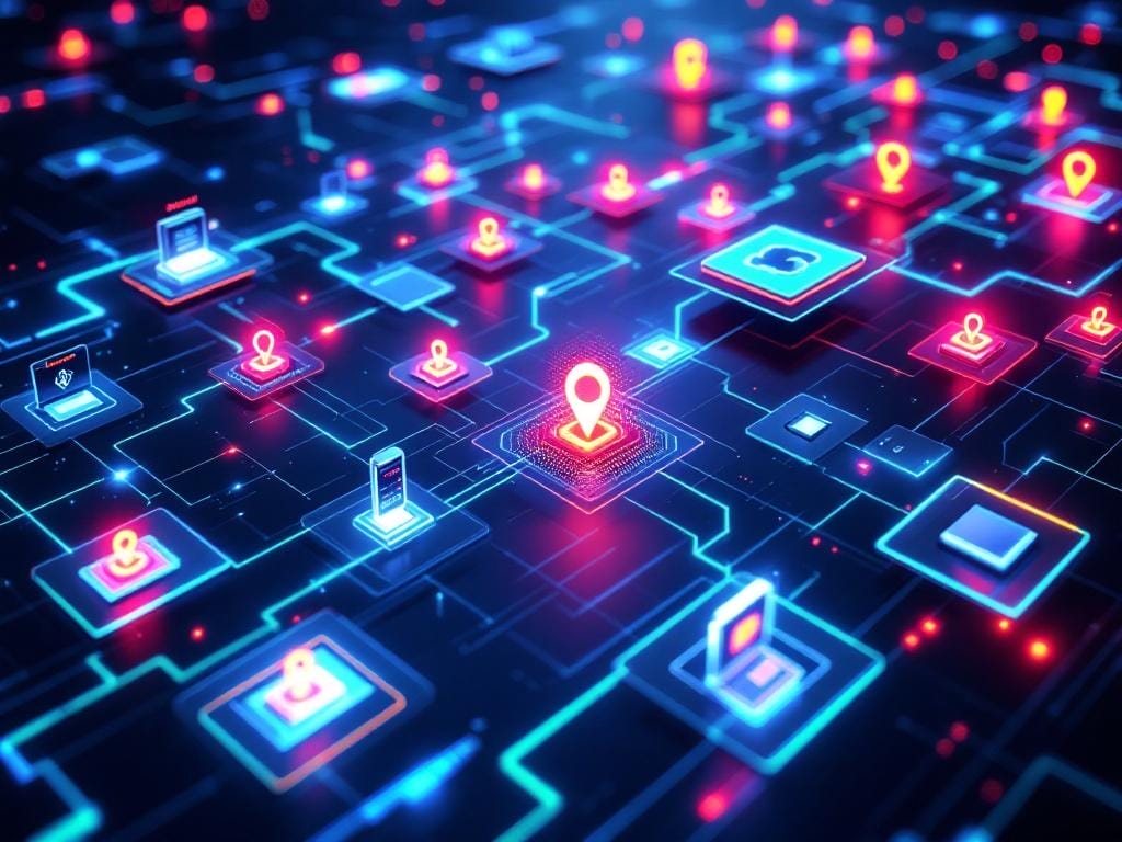 Plan de ciberseguridad moderno  - Un dashboard digital futurista mostrando un mapa en tiempo real de activos digitales con alertas de vulnerabilidades destacadas en rojo.
