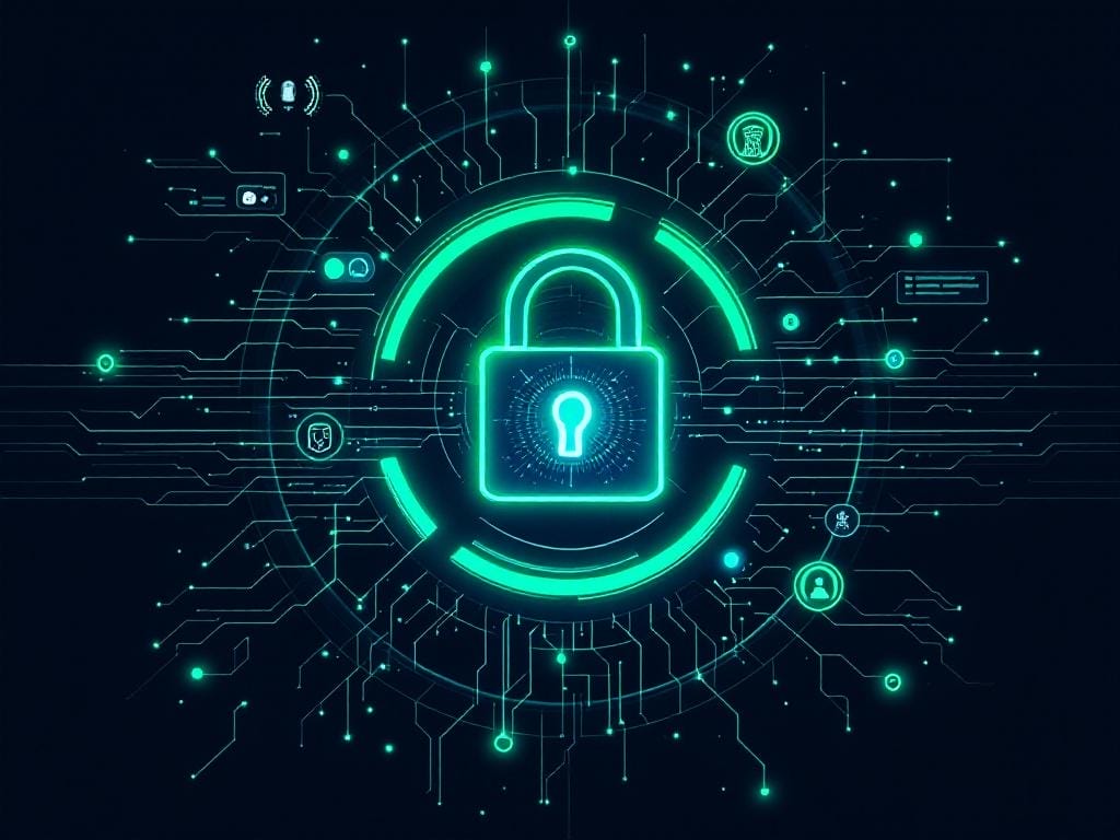 Plan de ciberseguridad moderno -  Un candado digital futurista rodeado de capas de autenticación con un fondo de red de datos interconectados.