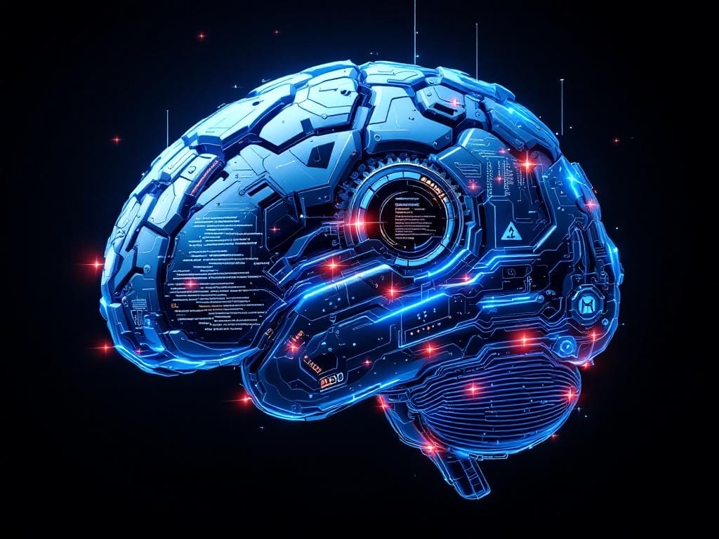 Plan de ciberseguridad moderno - Un cerebro digital con engranajes y circuitos procesando datos de ciberseguridad en tiempo real.
