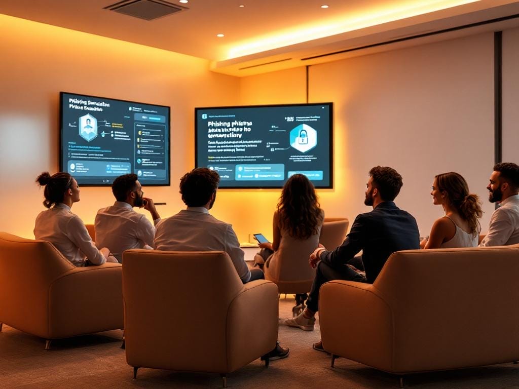 Plan de ciberseguridad moderno - Empleados en una sala de capacitación moderna con pantallas mostrando simulaciones de phishing y consejos de ciberseguridad.