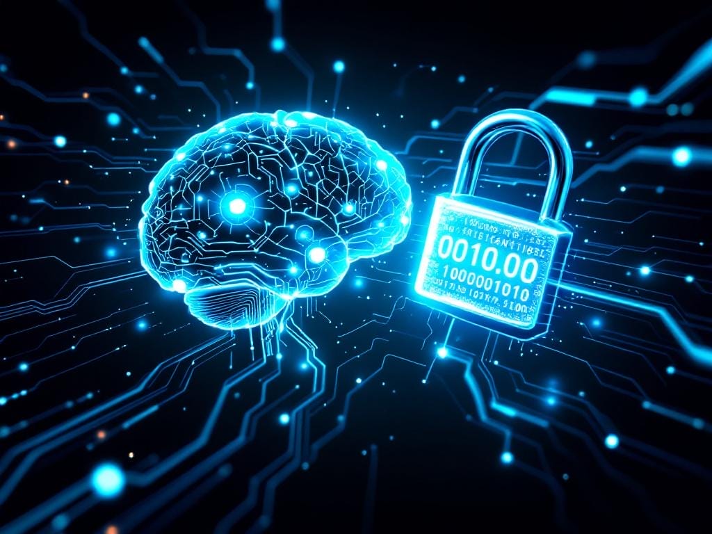 Plan de ciberseguridad moderno - Un cerebro de IA futurista conectado a un candado digital, con datos fluyendo de forma segura.