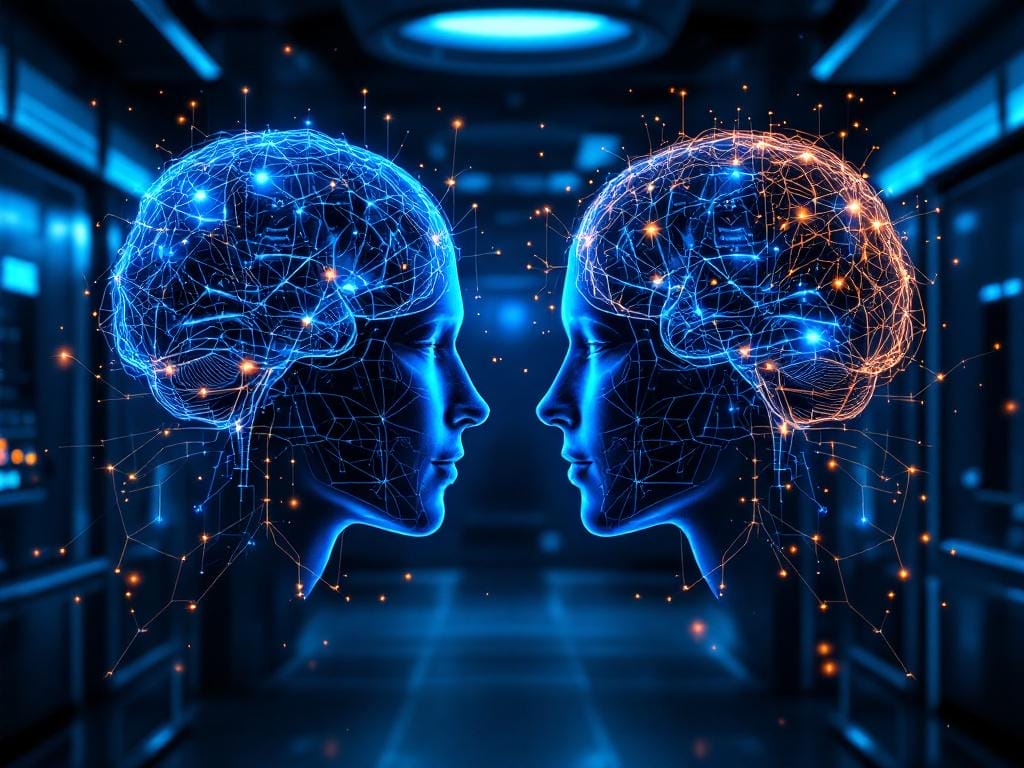 Un cerebro humano y un cerebro de IA, ambos interconectados con una red de datos, simbolizando la colaboración entre la inteligencia humana y artificial en el ámbito de la salud.
