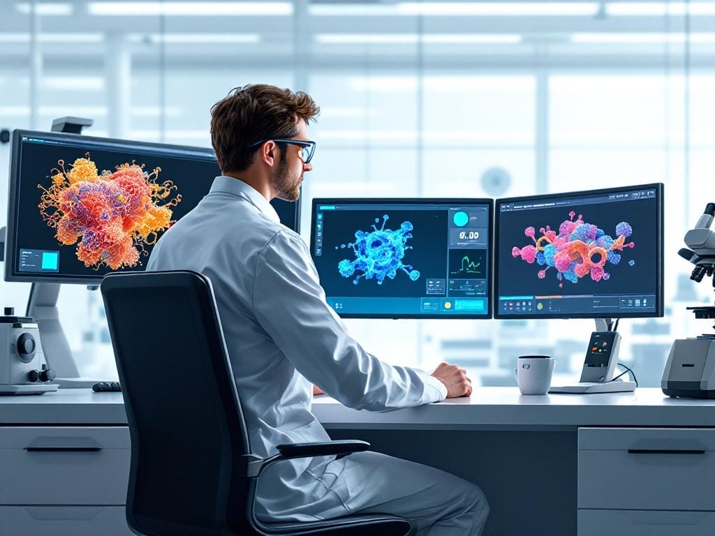 Un científico trabajando en un laboratorio moderno, con pantallas mostrando modelos 3D de proteínas complejas y simulaciones moleculares impulsadas por IA.