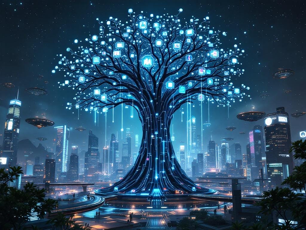 Un paisaje futurista de una ciudad con un gran árbol de la vida digital que se extiende, conectando nodos de hospitales, laboratorios y pacientes, todo brillando con datos.